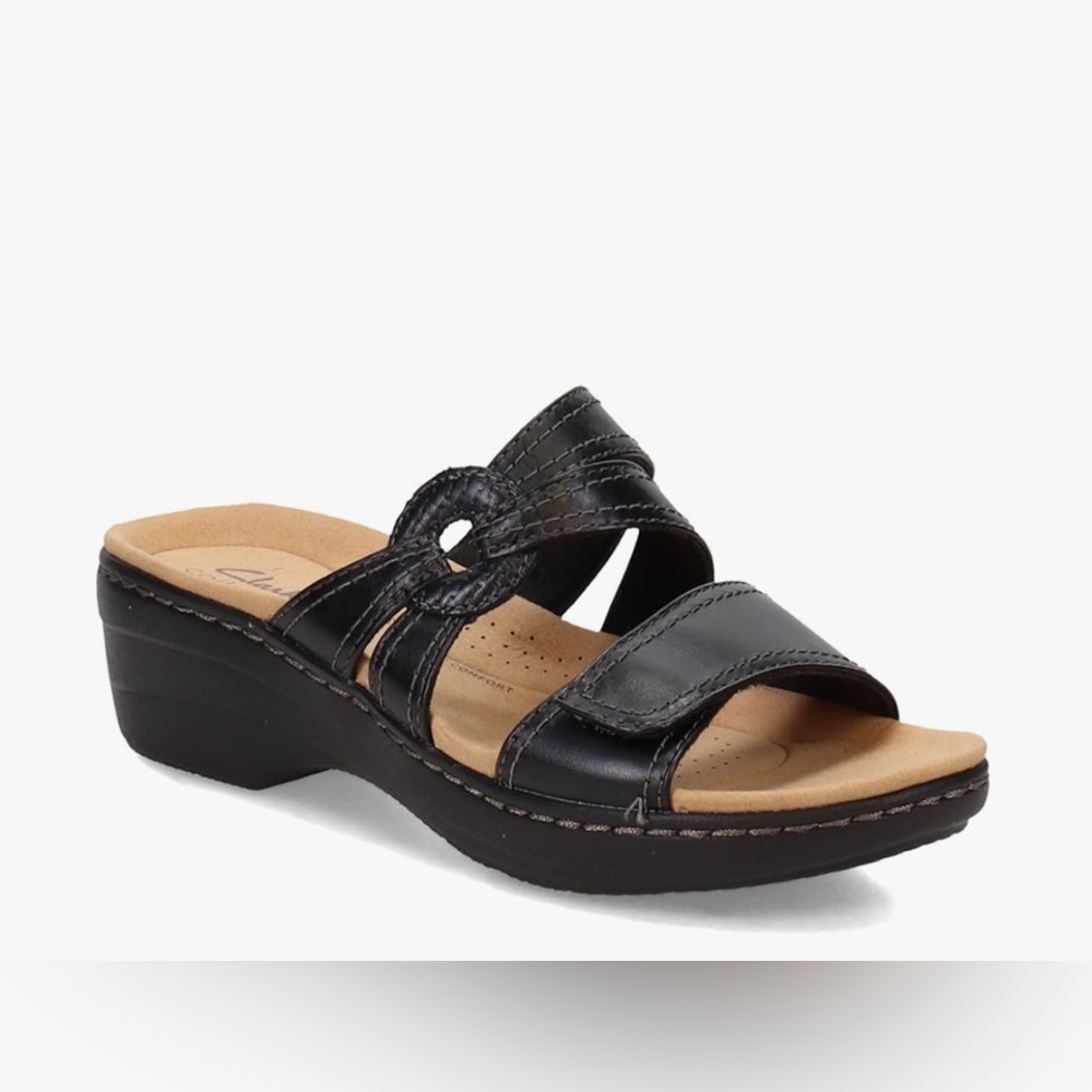 CLARKS MERLIAH CORAL HEELED BLACK LEATHER SANDAL SIZE 10